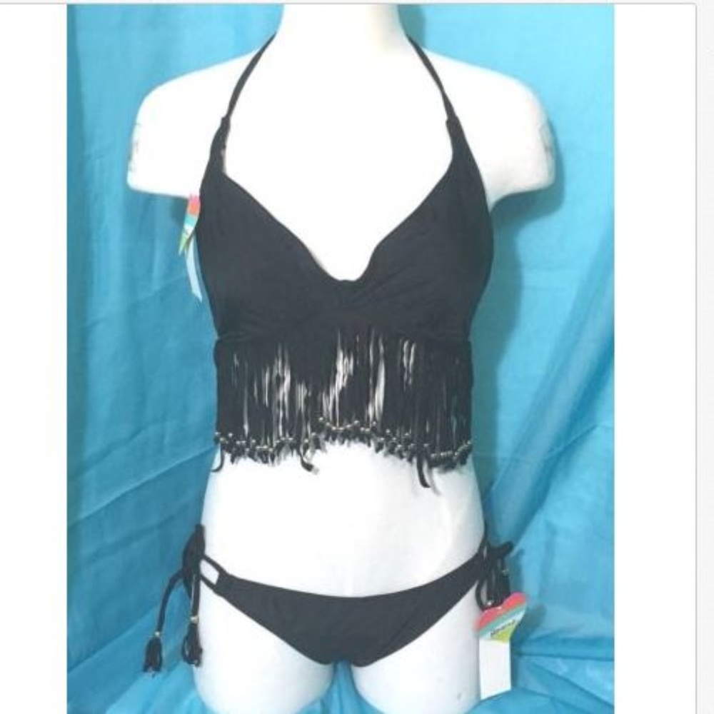 Macys Raisins Bikini Swimsuit Black Fringe